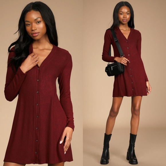 Lulus Sweet Comfort Sweater Dress Button Front Ribbed Knit Burgundy NWT Size XS - Picture 1 of 13